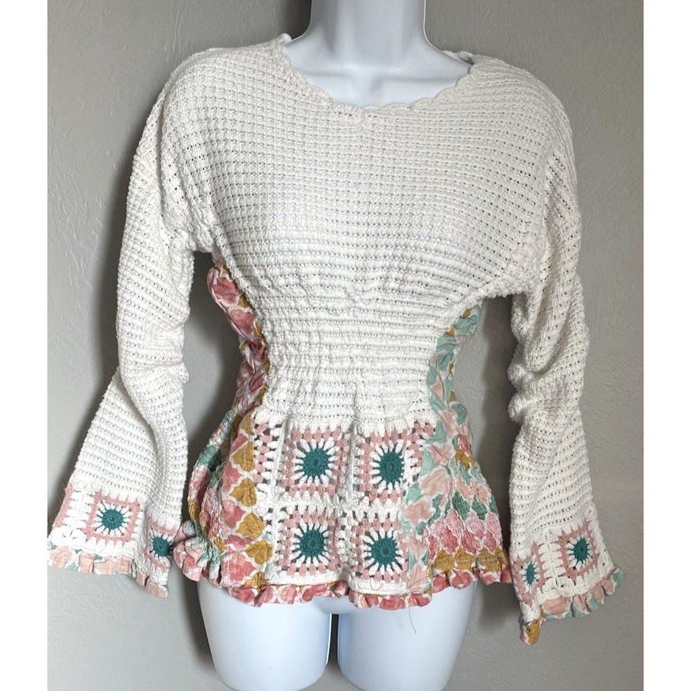 Sincerely Jules Crochet Knit Sweater Womens Medium White Granny Boho Long Sleeve